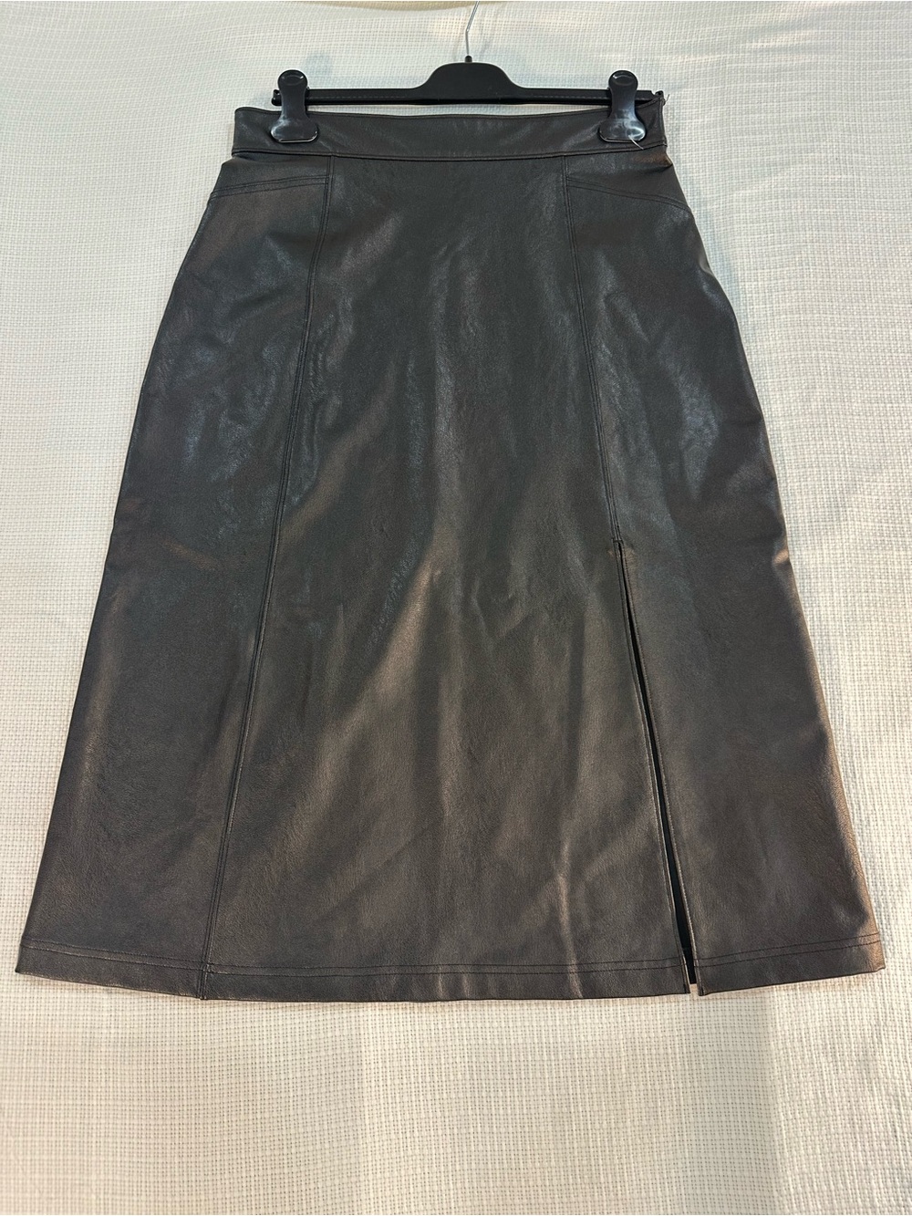 SPANX Black Faux Leather A-Line Midi Skirt with Side Slit